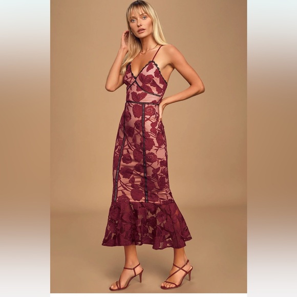 alluring dream burgundy floral mesh lace trumpet midi dress Lulus | Dresses | Lulus Navy blue